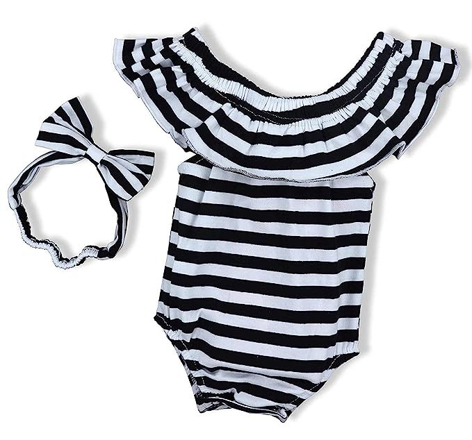 Baby Girls Clothes Black and White Stripes Ruffles Romper Bodysuit with Bowknot Headband 2PC Baby... | Amazon (US)