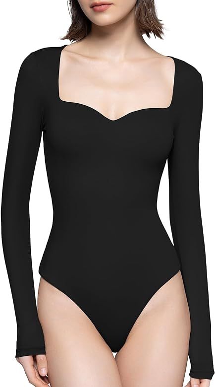 Amazon.com: PUMIEY Black Bodysuits for Women Long Sleeve Sweetheart Neck Body Suits T Shirt Tops,... | Amazon (US)