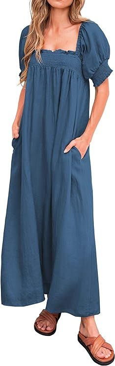 KIRUNDO Women 2024 Summer Maxi Dress Casual Loose Puff Sleeve Square Neck Maternity Flowy Long Be... | Amazon (US)