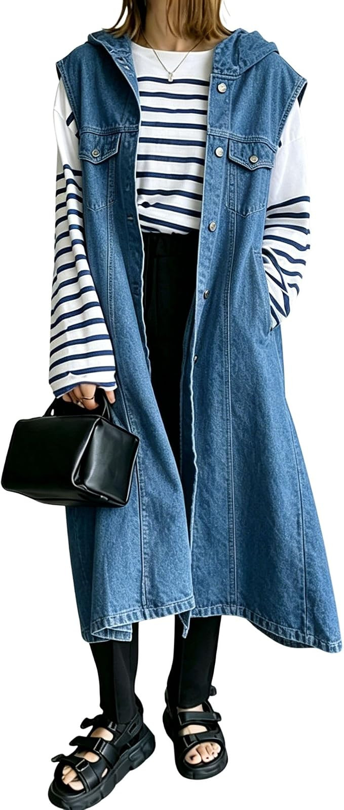 chouyatou Women's Denim Hoodie Vest Sleeveless Maxi Jean Jacket Coat | Amazon (US)