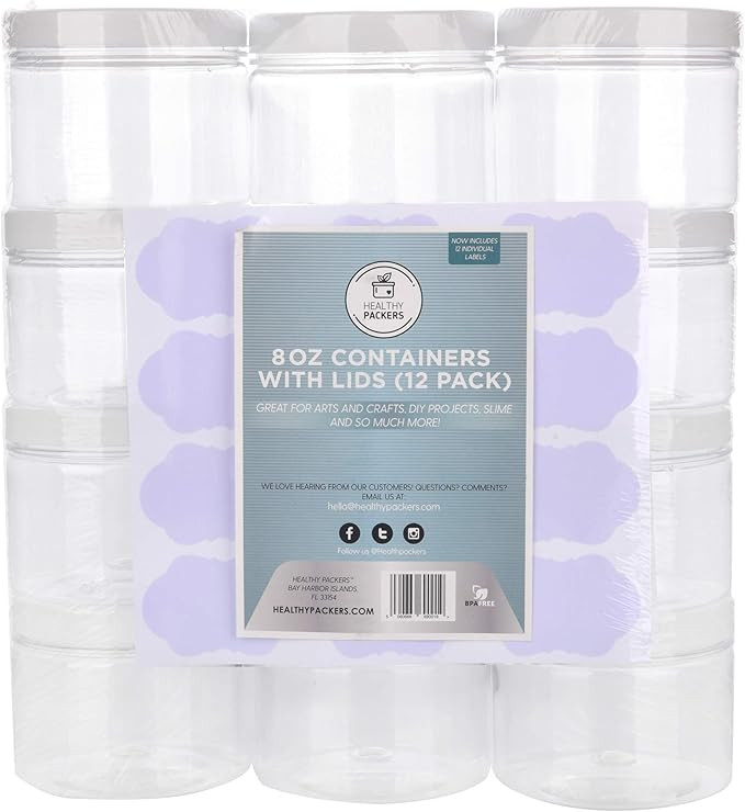 Slime Containers with Water-tight Lids (8 oz, 12 Pack) - Clear Plastic Food Storage Jars with Ind... | Amazon (US)