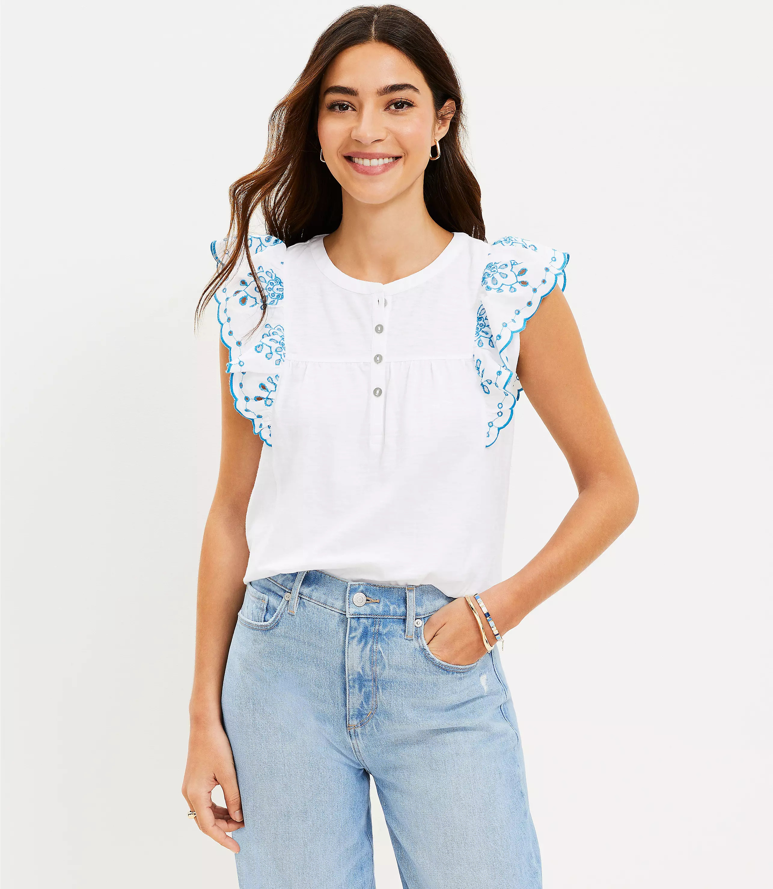 Eyelet Flutter Henley Mixed Media Top | LOFT