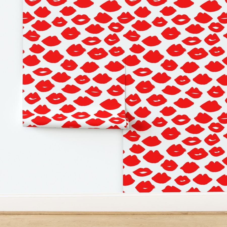 lips // kisses red and white valentines love lipstick beauty fashion makeup illustration print | Spoonflower