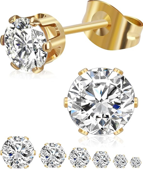 6 Pairs Stud Earrings Set, Hypoallergenic Cubic Zirconia Earrings, Silver 14K Gold Plated 316L St... | Amazon (US)