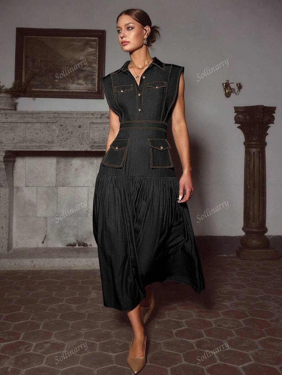 Sollinarry Women's New Summer Sleeveless Ruched Dress With Pockets, Denim Effect Appearance, Offi... | SHEIN