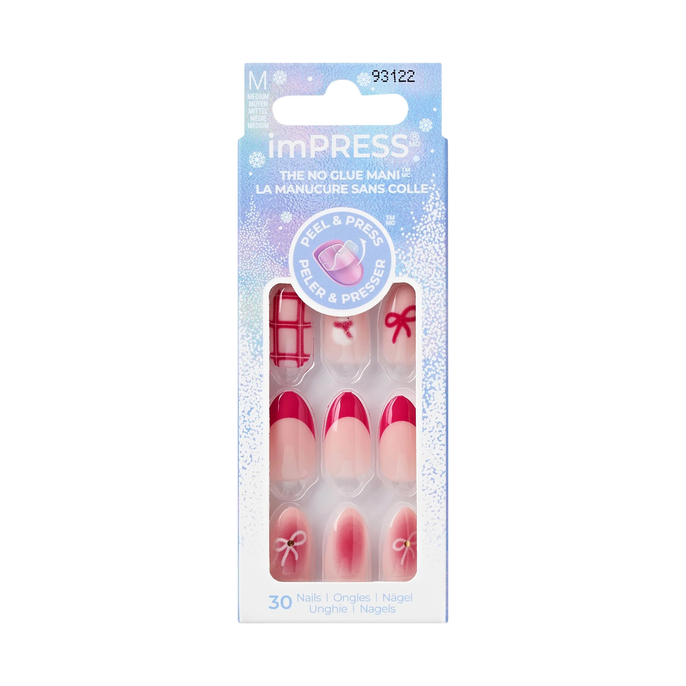 KISS imPRESS Holiday Press on Nails, Design, Yule Be Happy, Pink, Medium Almond, 30 Count | Walmart (US)