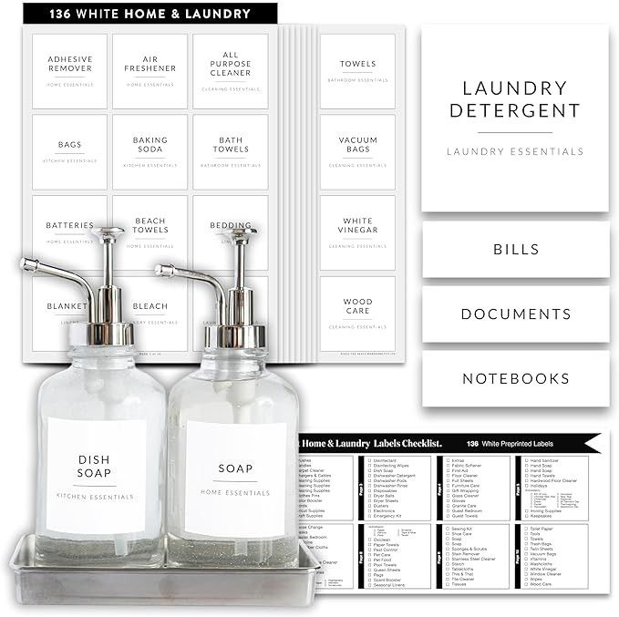 Laundry Labels for Jars, 136 Preprinted Home and Laundry Label Stickers for Storage Bins, Cleanin... | Amazon (US)