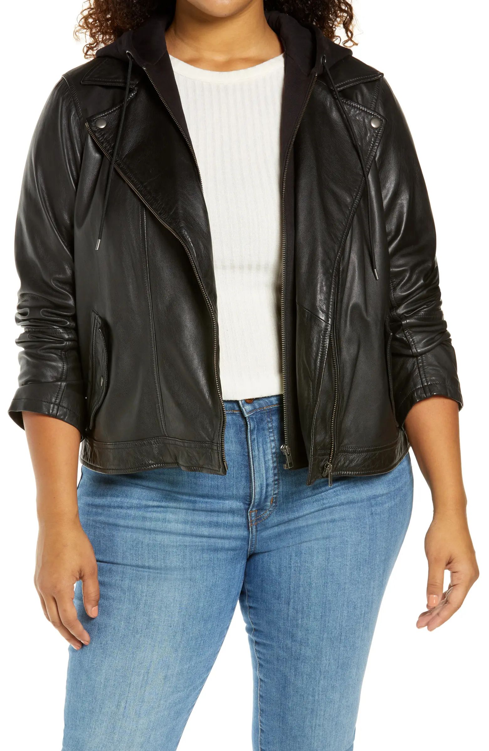 Caslon® Leather Moto Jacket with Removable Hood | Nordstrom | Nordstrom Canada