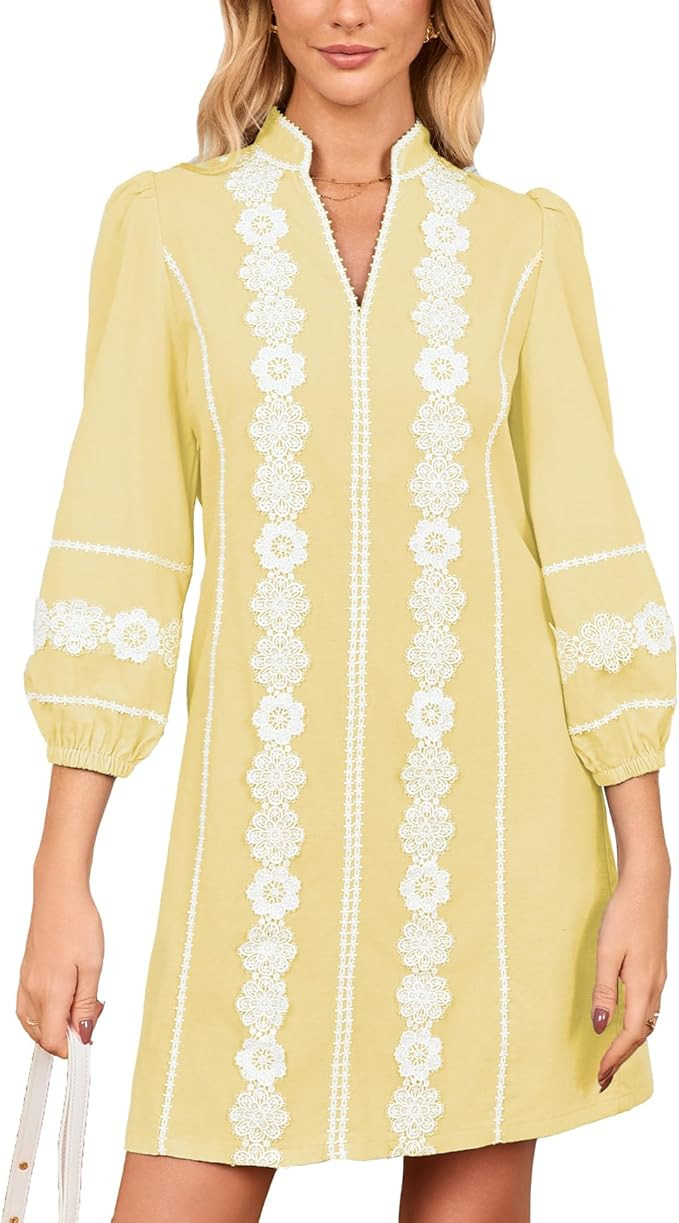 Women's Embroidered Lace Floral Tunic Dress 3/4 Puff Sleeve V Neck Mini Dress with Pockets | Amazon (US)