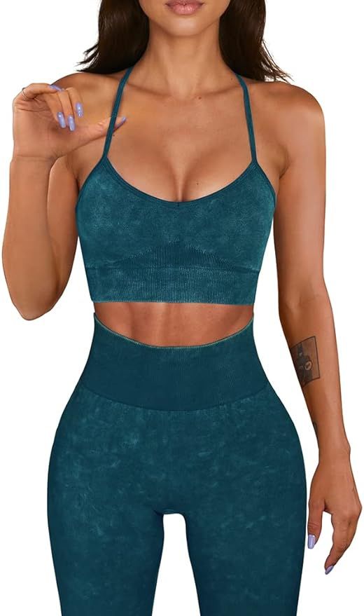 OQQ Workout Outfit for Women 2 Piece Seamless Acid Wash High Waist Leggings With Sports Bra Yoga ... | Amazon (US)