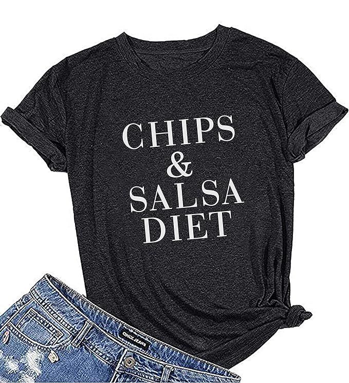 YEXIPO Women's Chips and Salsa Diet Graphic Tees Funny Mexican Food Fitness T Shirts Yoga Cinco d... | Amazon (US)