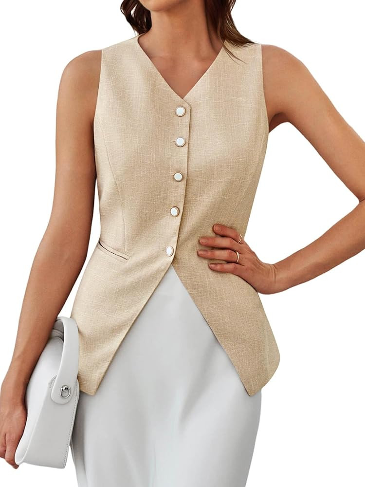 Tankaneo Womens Summer Suit Vest Tops Fashion Casual Sleeveless Blazers Split Hem Button Down Lin... | Amazon (US)