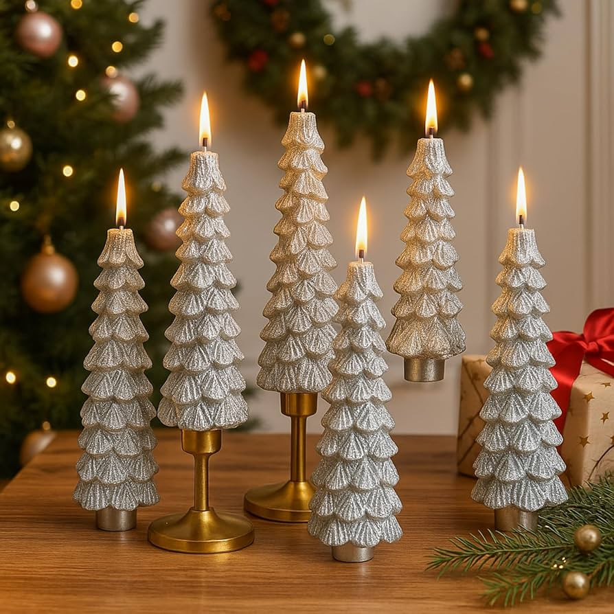 Funtery 6 Pcs 10 Inch Christmas Tree Candles Unscented Real Wax Christmas Tree Shaped Taper Candl... | Amazon (US)