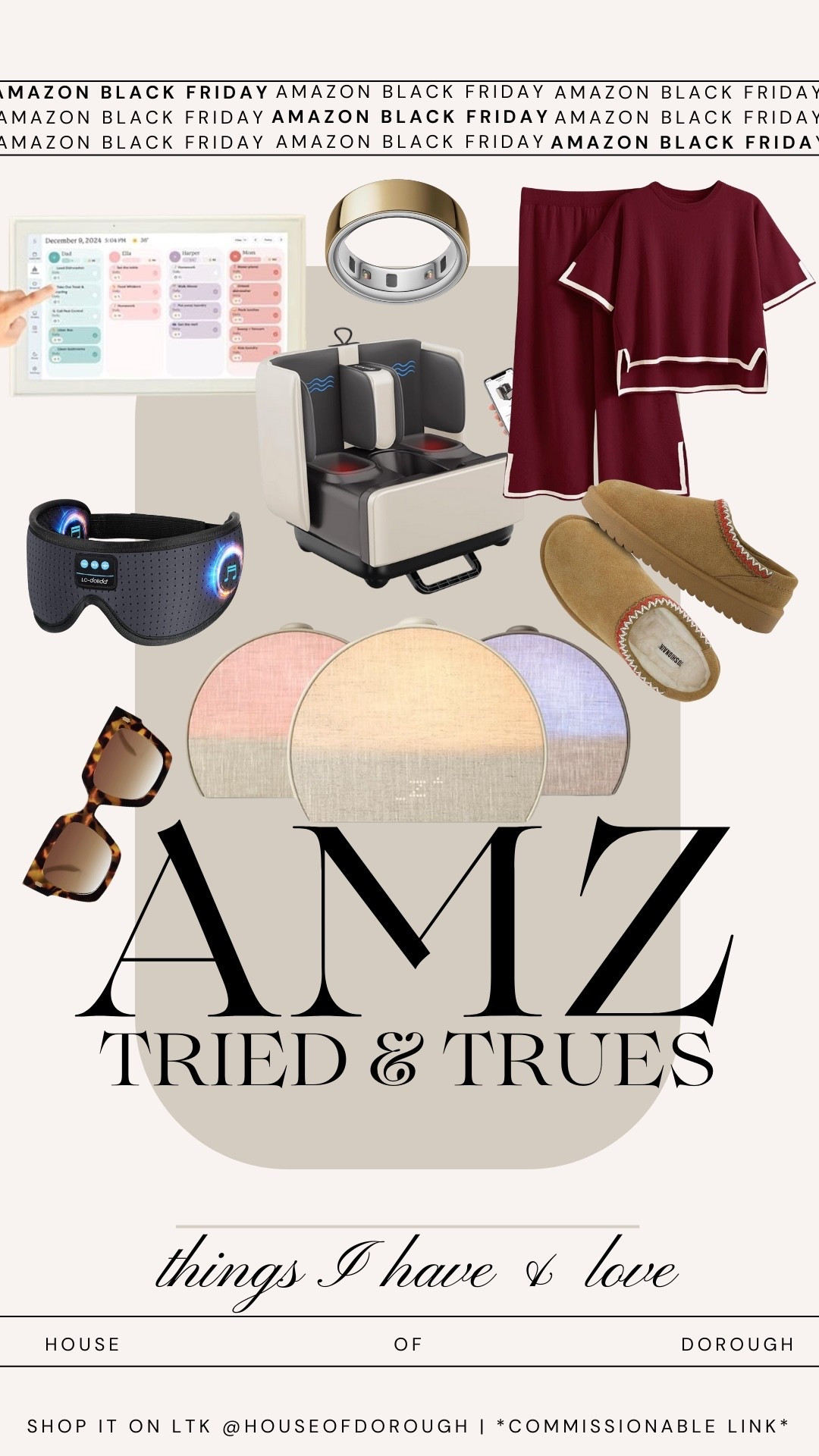 Tons of my favorite things are on Black Friday deals right now on @amazon! #founditonamazon #WinterFavorites2025  In the matching set, size up one or two! I wear the 3X! The slipper shoes are soooo comfy omg! Absolutely love the Bluetooth sleep mask, we use ours every night!! This foot/calf massager - because it folds up and is a stool but also it WORKS !!! The skylight calendar keeps our adhd household organized! Love my Oura ring for tracking stress and cycles! My hatch alarm is amazing. And of course, my sunglasses!!! 

#LTKHome #LTKSaleAlert #LTKCyberWeek