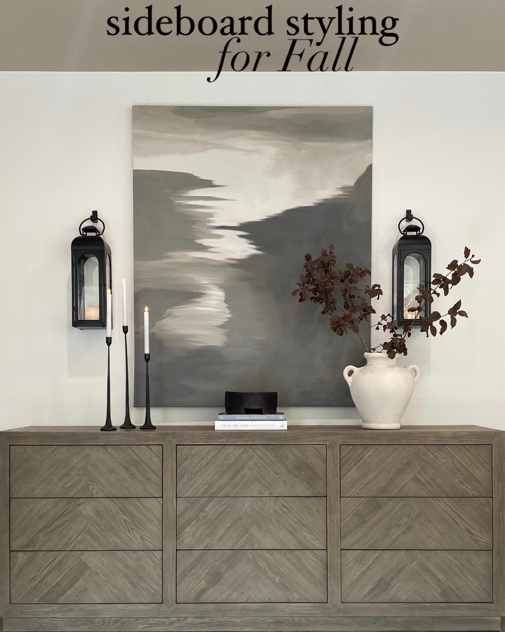 Sideboard decor. 

Large handled vase. Wooden bowl. Black candle sticks. Faux candles. Black lanterns. Decor books. Coffee table books. Fall decor. Fall stems.

#LTKSeasonal #LTKunder100 #LTKhome