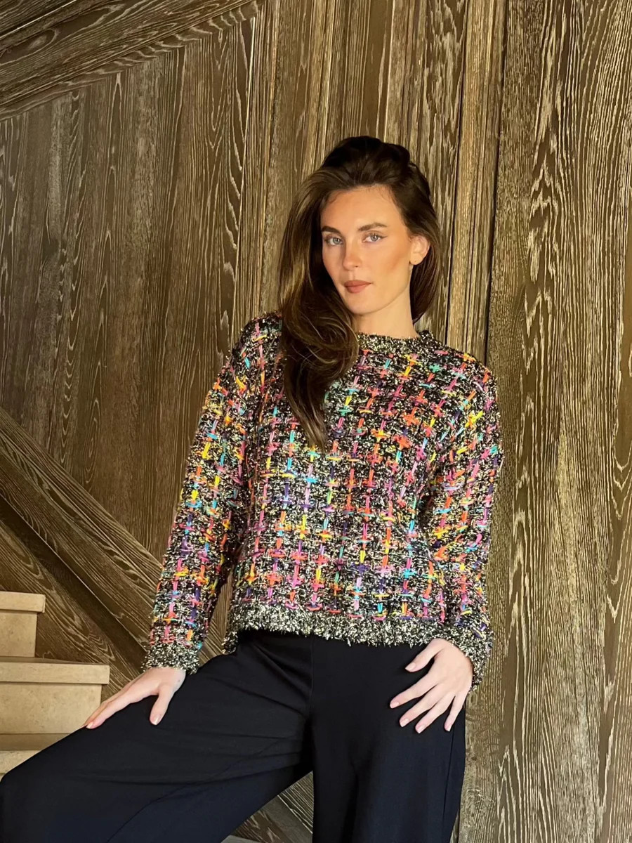 Melissa Multi Tweed Pullover Knit Sweater - Black | Benaar La