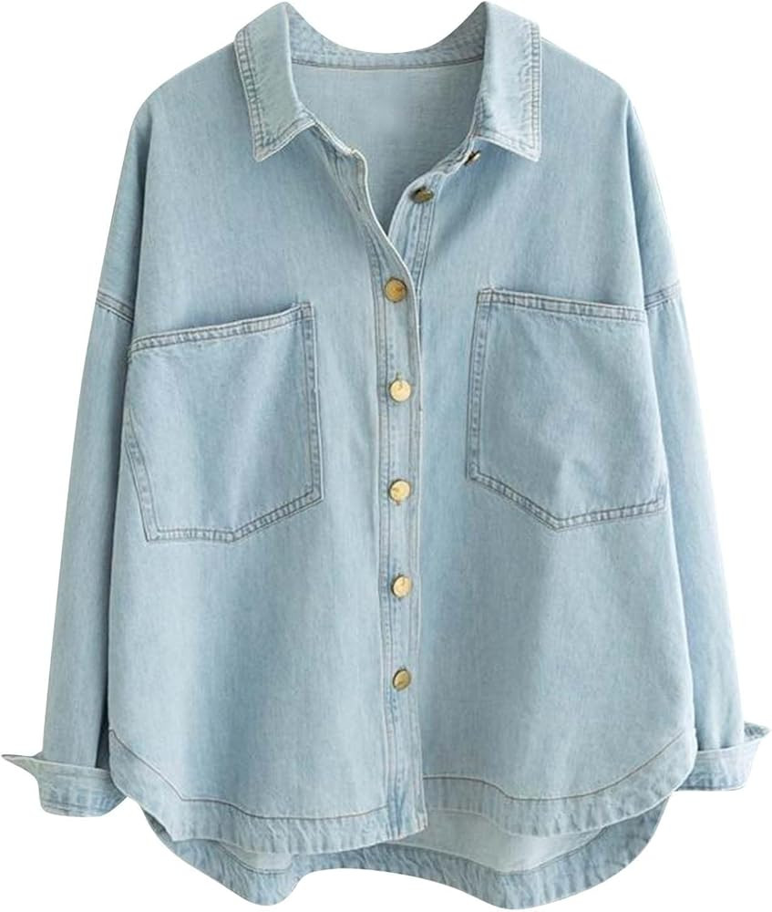 Women's Long Sleeve Denim Jean Shirts 2024 Button Down Lapel Shirt Fall Casual Tops Loose Fit Blo... | Amazon (US)