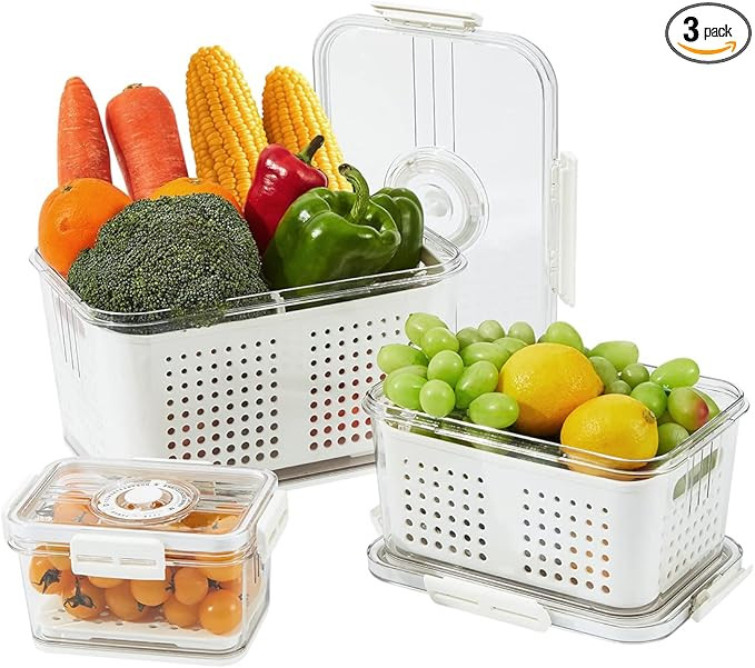 HIEEY 3-Piece Fruit Storage Containers for Fridge with Strainer,Produce Containers for Fridge,Let... | Amazon (US)