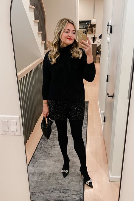 Black Sequin Shorts paired with tights and a chunky turtleneck. Monochromatic with textures is always a hit!

Rhinestone Bow Slingback Pumps with Kitten Heel and Knotted Mini Bag - both designer dupes Amazon Finds! 

#LTKitbag #LTKshoecrush #LTKFind