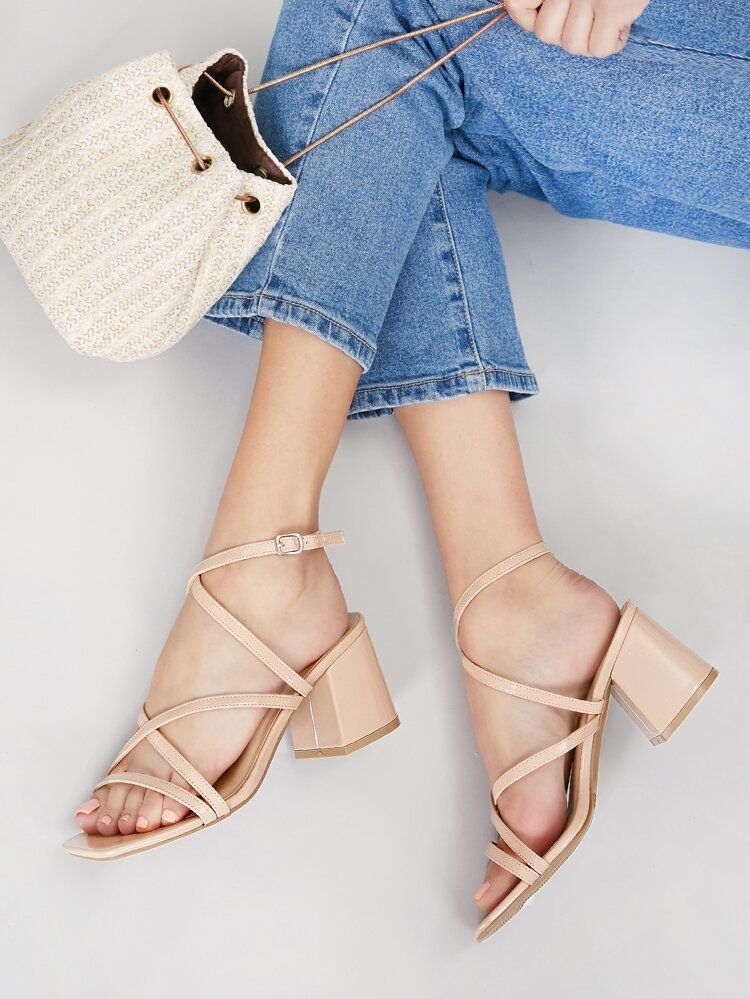 Square Toe Strappy Slingback Chunky Heel Sandals | SHEIN