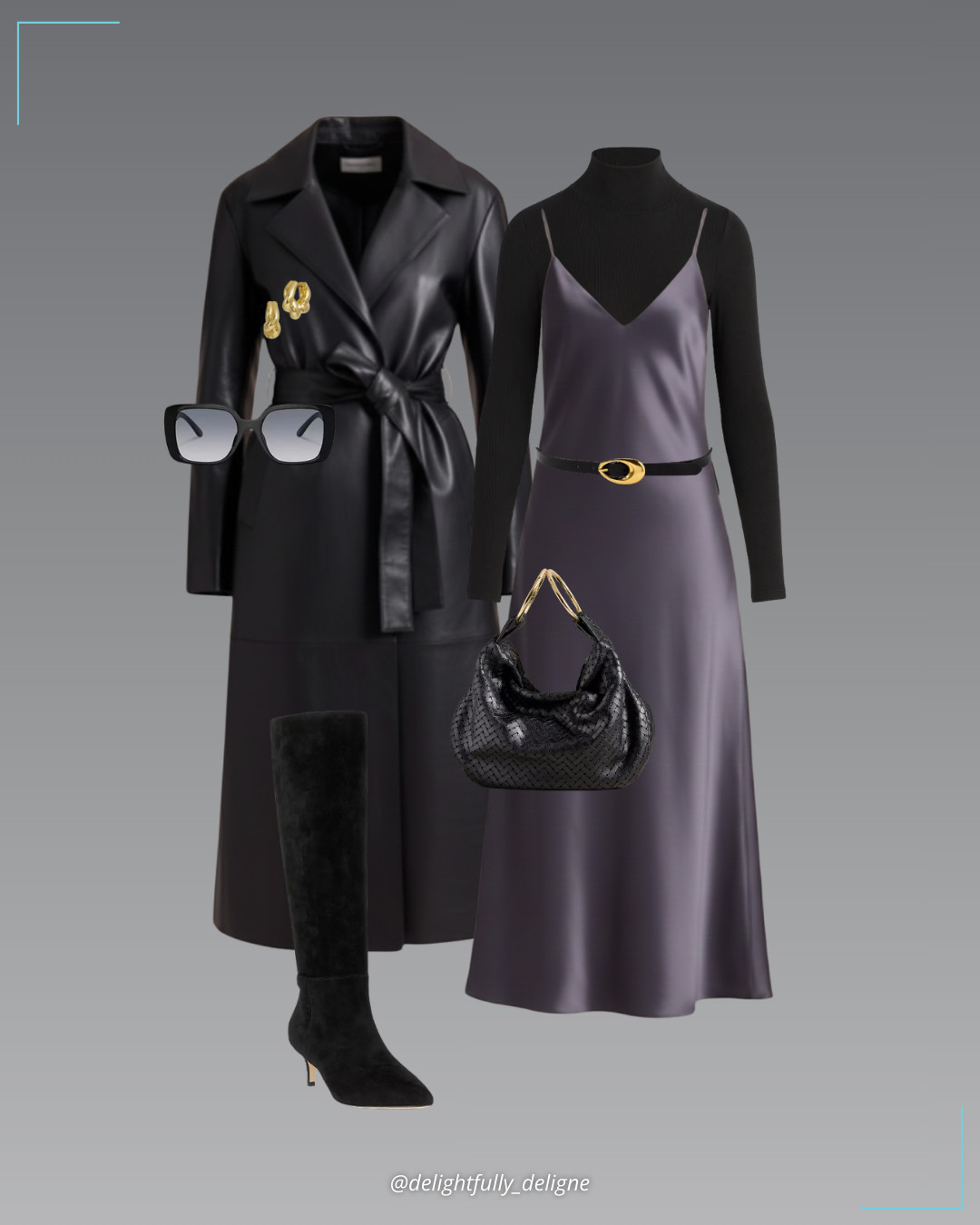 La Ligne Layers 💜🖤From La Ligne: the Maisie Dress styled with the Vega Trench and Le Turtleneck, finished with suede tall boots, the m.andonìa Omega Hardware handbag, gold freeform twist hoop earrings, oversized square sunglasses & an oval bubble buckle belt. 

 #LTKgrwm #LTKootd #LTKOver40