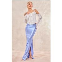 Dusty Blue Stretch Satin Split Side Maxi Skirt | PrettyLittleThing UK