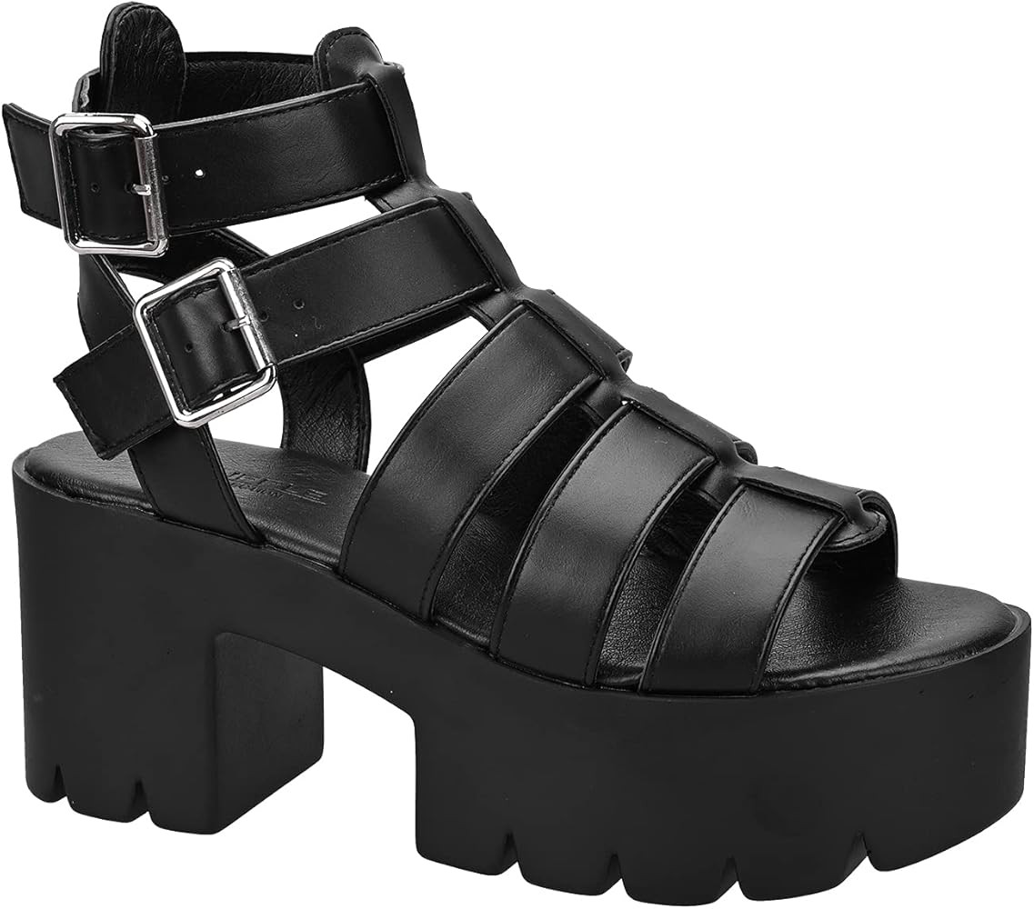 READYSALTED Faux Leather Multi Buckle Ankle Strap Flatform Gladiator Chunky Platform Caged Sandals f | Amazon (US)