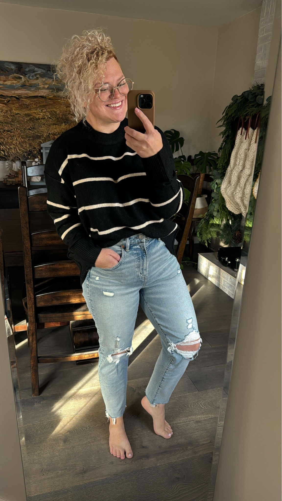 The perfect amount of distressing in the most beautiful denim, but it is a bit more pricier when it comes to AE pricing. Wait for a sale on these babies. They are the AE77 brand, but are a beautiful fit. I’m 5’3 wearing an 8 Short.

This is the Cozy Sweater from AE that fits very oversized. Be sure to size down for a smaller fit and keep your original size if you’re going to that very oversized look  

#LTKfamily #LTKmidsize #LTKbeauty