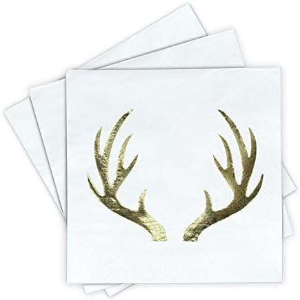 Christmas Cocktail Napkins, Holiday Napkins - Antlers Christmas Napkins, 3-Ply Gold Foil Disposable  | Amazon (US)
