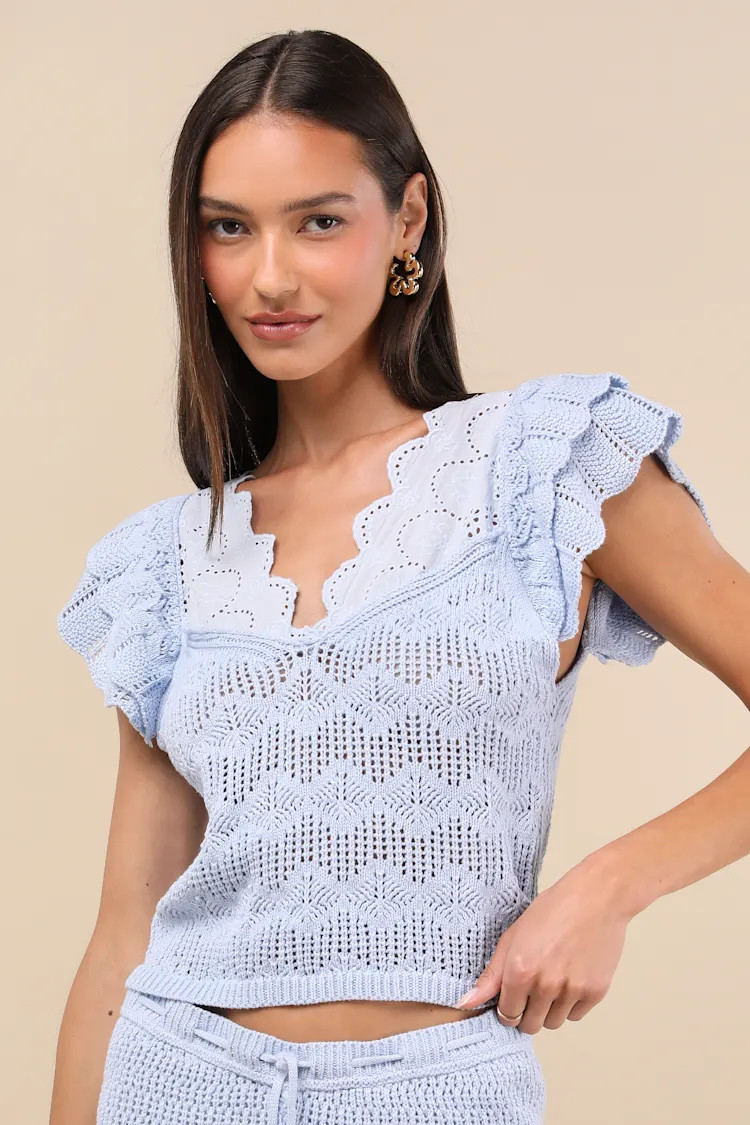 Caroline Light Blue Crochet Knit Flutter Sleeve Top | Lulus