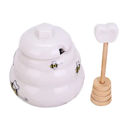 Ceramic Honey Jar with Lid Honey Pot with Wooden Dipper Porcelain Honey Dipper Stick and Jar Set Hon | Walmart (US)
