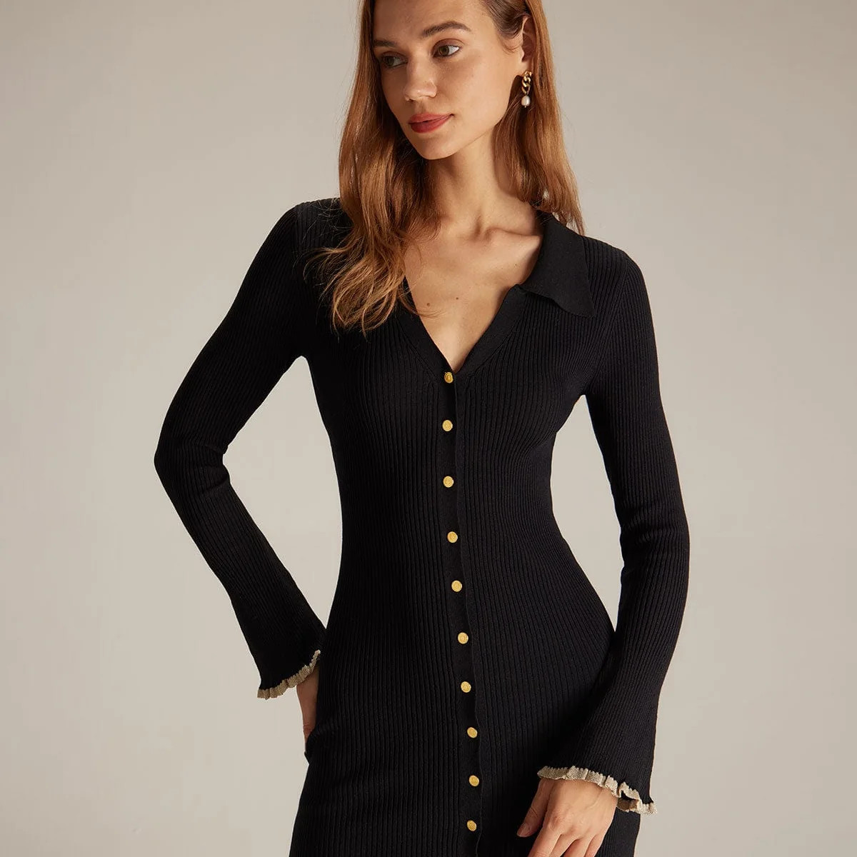 The Black V Neck Contrast Trim Knit Mini Dress & Reviews - Black - Dresses | RIHOAS | rihoas.com