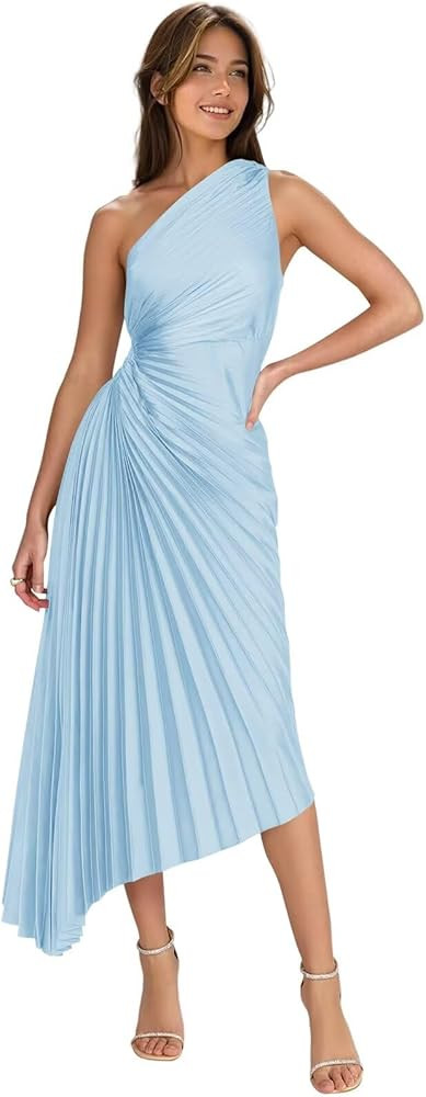 Pleated Satin Bridesmaid Dress One Shoulder Wedding Guest Dress Tea Length for Formal Party | Amazon (US)