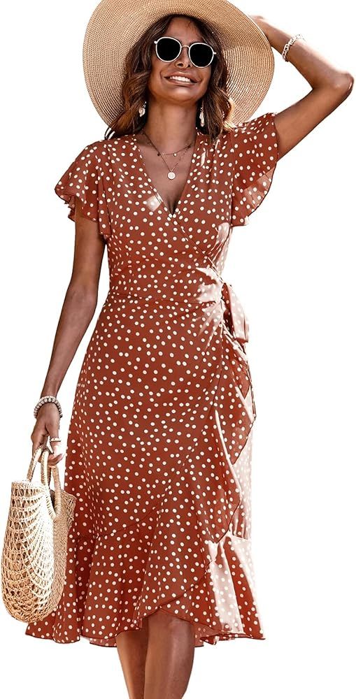 SweatyRocks Women's Polka Dots Short Sleeve V Neck Wrap Dress Tie Side Ruffle Midi Dresses | Amazon (US)