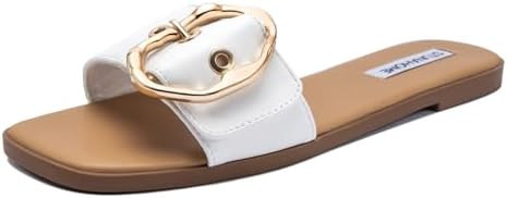 STUNAHOME Flat Sandals Women Fashion Slides With Soft Leather Paired with Metal buckle Slippers | Amazon (US)