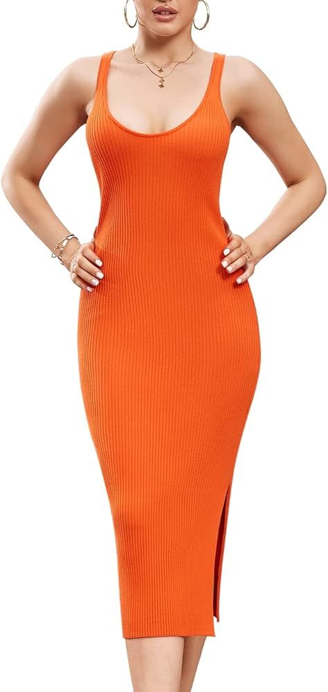 ninovino Women's Ribbed Knit Tank Dress Sexy Sleeveless Side Slit Bodycon Dress | Amazon (US)