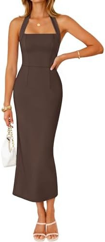 ZESICA Women's 2026 Summer Sleeveless Midi Dress Halter Neck Blackless Wedding Guest Cocktail Par... | Amazon (US)