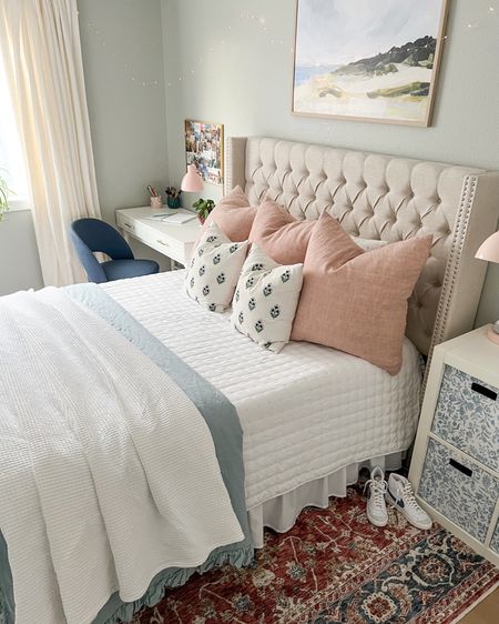 Teen girl coastal inspired bedroom. 

Pink linen euro shams, affordable Serena and Lily inspired stitch quilt,  white waffle weave throw blanket, French blue ruffled 100% linen duvet cover, white desk, blue chair, upholstered headboard, Juniper Print Shop art, coastal art  

#LTKsalealert #LTKhome