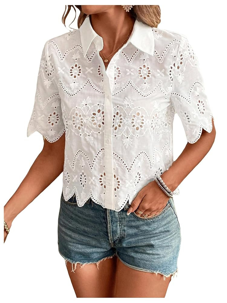 SweatyRocks Women's Short Sleeve Button Down Collared Blouses Embroidery Eyelet Top | Amazon (US)