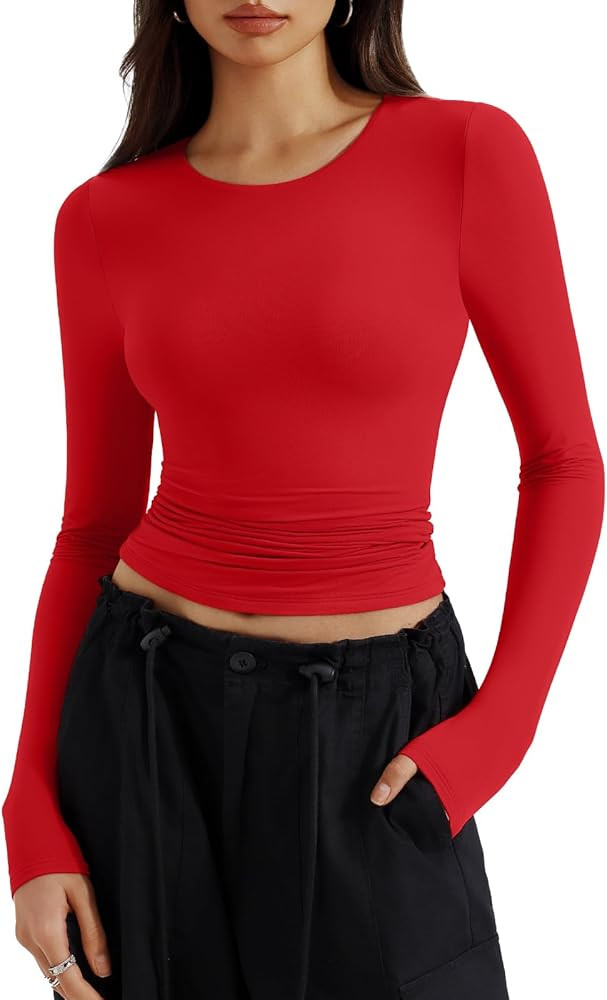 REORIA Long Sleeve Shirts for Women 2024 Fall Fashion Round Neck Basics Y2K Tops Layering Slim Fi... | Amazon (US)