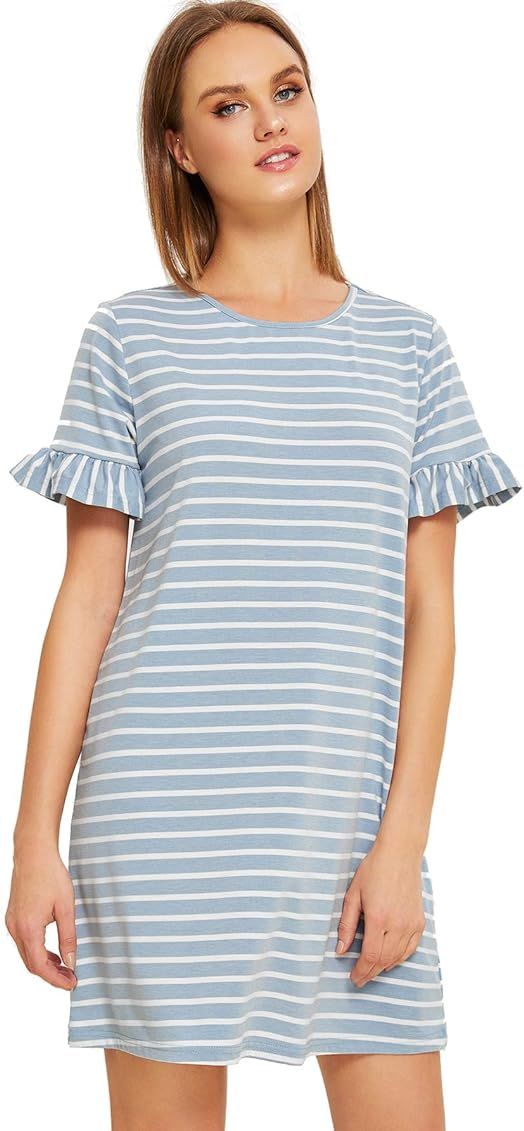 Floerns Women's Summer Casual Ruffle Short Sleeve Tunic Striped T-Shirt Dress | Amazon (US)