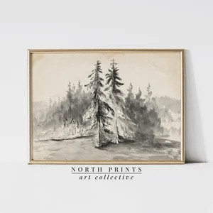 Antique Rustic Pine Tree Watercolor Sketch Art Neutral - Etsy | Etsy (US)