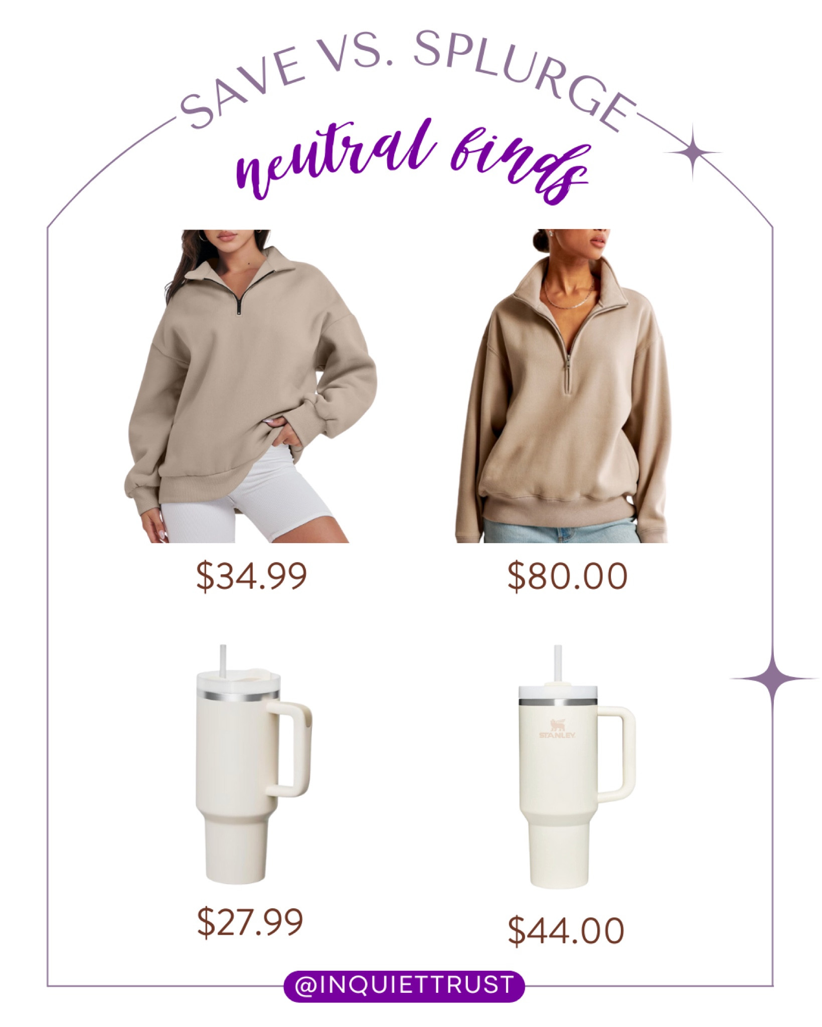 Check out these affordable alternatives for a neutral half-zip sweater and a white Stanley tumbler!
#savevssplurge #lookforless #travelessential #springfashion

#LTKtravel #LTKstyletip #LTKSeasonal