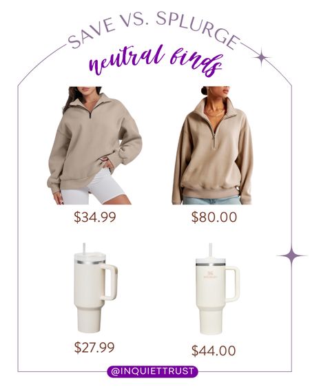 Check out these affordable alternatives for a neutral half-zip sweater and a white Stanley tumbler!
#savevssplurge #lookforless #travelessential #springfashion

#LTKtravel #LTKstyletip #LTKSeasonal