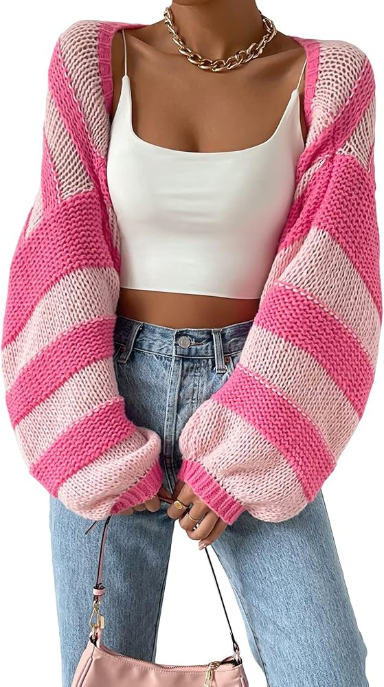 GORGLITTER Women's Striped Cropped Cardigan Color Block Cable Knit Holiday Christmas Sweaters Tre... | Amazon (US)