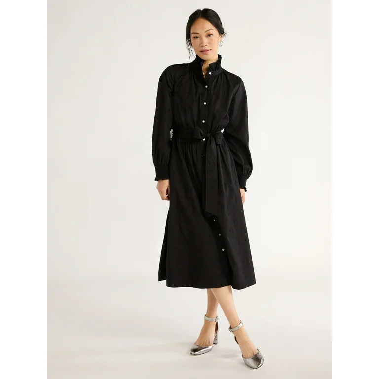 Free Assembly Women's Ruffle Neck Cotton Embroidered Midi Dress, Sizes XS-XXL | Walmart (US)