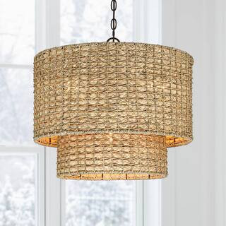 Elis 20 in. 4-Light Natural Rattan Traditional Drum Pendant Light Black Canopy | The Home Depot