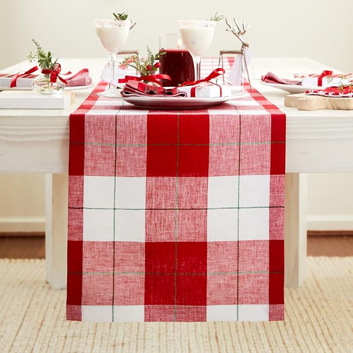 Solino Home Linen Christmas Plaid Table Runner 36 Inches - 100% Pure Linen Very Merry Plaid Short... | Amazon (US)