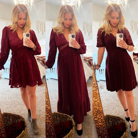Maroon/Wine/burgundy dresses to get you through the holiday season. I'm wearing a small in all 3!
1. Fits tts 2. I would size up 1 size if you have a bigger bust. 3. Fits true to size. 

#holidaydress #maroon #burgundy #christmas 

#LTKbump #LTKHoliday #LTKstyletip