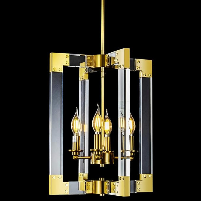4-Light Modern Gold Chandelier, Hanging Pendant Light Fixture Rectangle Clear Brass Square Pendan... | Amazon (US)